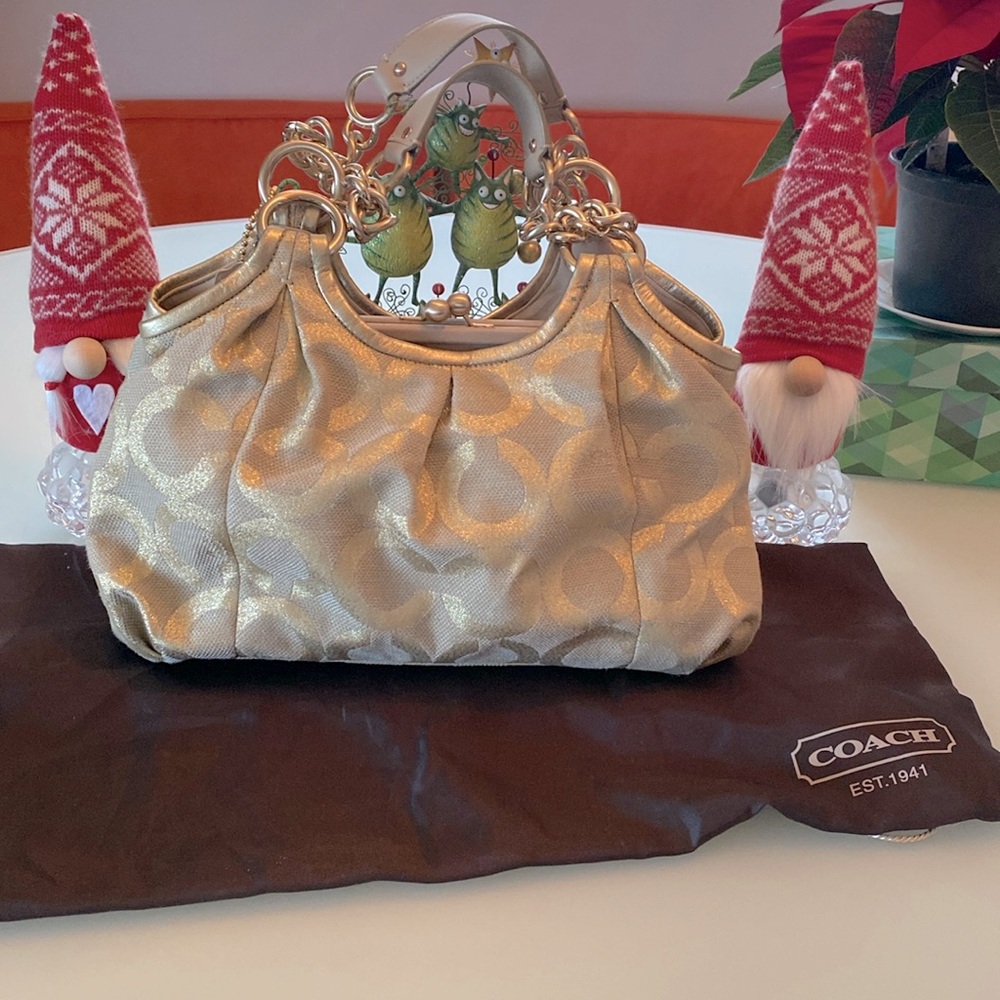 Coach Parker Khaki and Gold Op Art Satchel